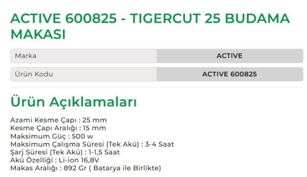 Active 600825 - Tigercut 25 Budama Makası
