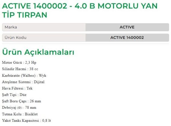 Active 1400002 - 4.0 B Motorlu Yan Tip Tırpan