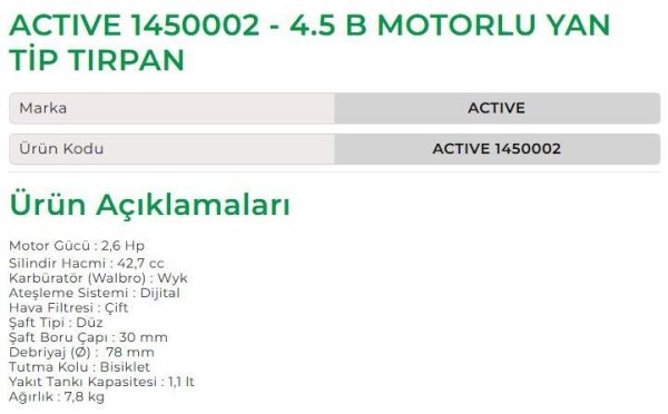 Active 1450002 - 4.5 B Motorlu Yan Tip Tırpan