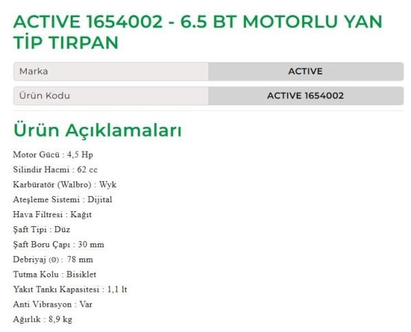 Active 1654002 - 6.5 BT Motorlu Yan Tip Tırpan