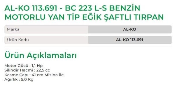 AL-KO 113.691 - BC 223 L-S Benzin Motorlu Yan Tip Eğik Şaftlı Tırpan