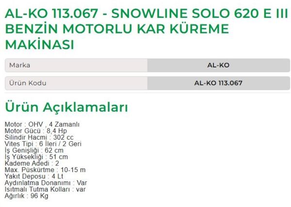 AL-KO 113.067 - Snowline Solo 620 E III Benzin Motorlu Kar Küreme Makinesi