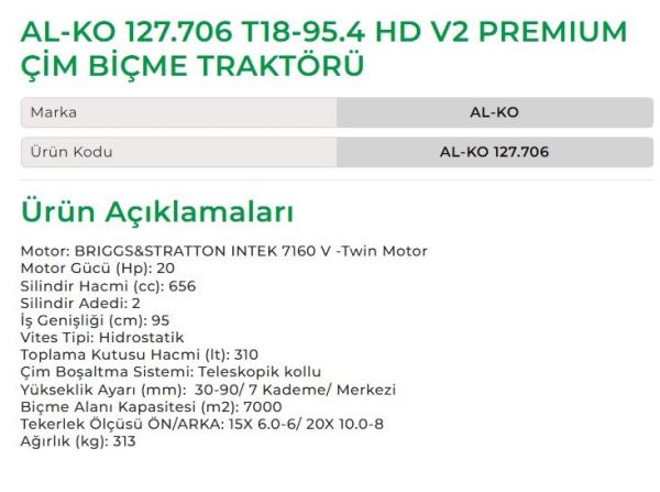 AL-KO 127.706 T18-95.4 HD V2 PREMIUM ÇİM BİÇME TRAKTÖRÜ