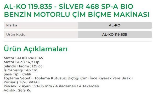 AL-KO 119.835 - SİLVER 468 SP-A BIO BENZİN MOTORLU ÇİM BİÇME MAKİNESİ