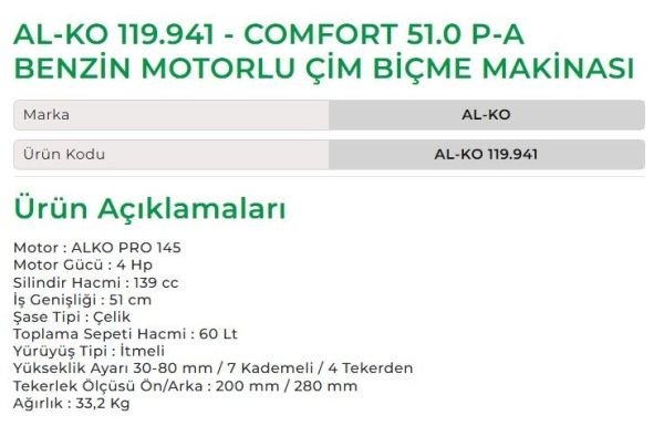 AL-KO 119.941 - COMFORT 51.0 P-A BENZİN MOTORLU ÇİM BİÇME MAKİNESİ