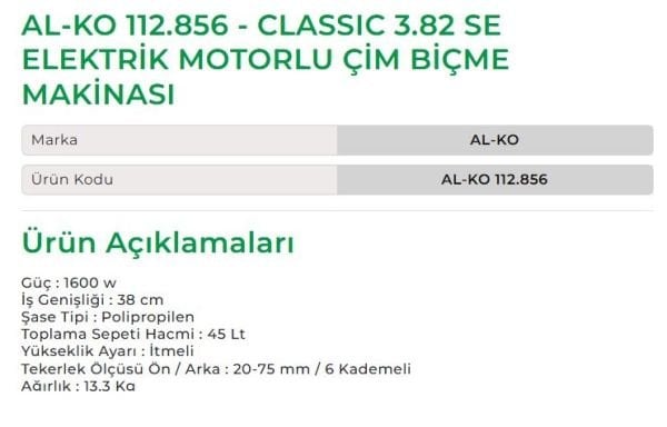 AL-KO 112.856 - Classic 3.82 SE Elektrik Motorlu Çim Biçme Makinesi