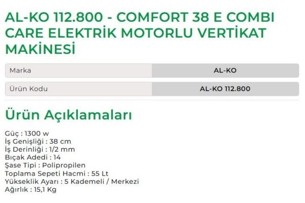 AL-KO 112.800 - Comfort 38 E Combi Care Elektrik Motorlu Çim Havalandırma Makinesi