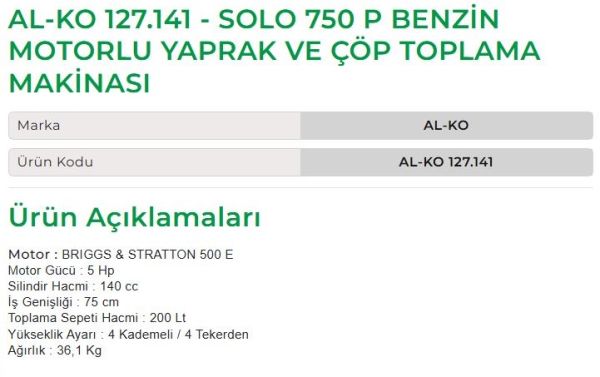 AL-KO 127.141 - Solo 750 P Benzin Motorlu Yaprak ve Çöp Toplama Makinesi