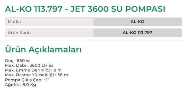 AL-KO 113.797 - JET 3600 Su Pompası
