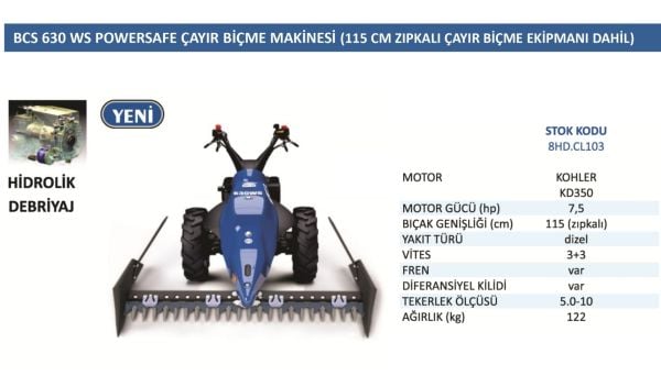 BCS 8HD-CL103 630 WS Powersafe 115 cm Zıpkalı Dizel Çayır Biçme Makinesi