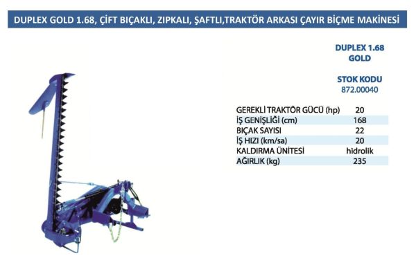BCS 872.00040 Duplex 1,68 Gold  Traktör  Arkası Çayır  Ekin Biçme Makinesi
